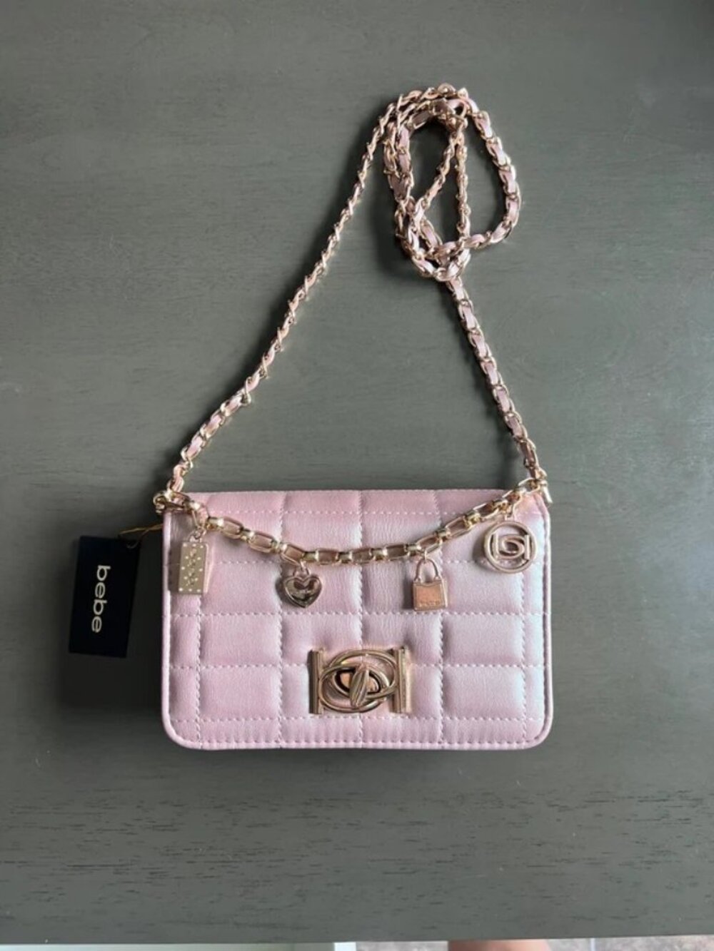 bebe Quilted Pink Crossbody Bag with Gold Chain Charms